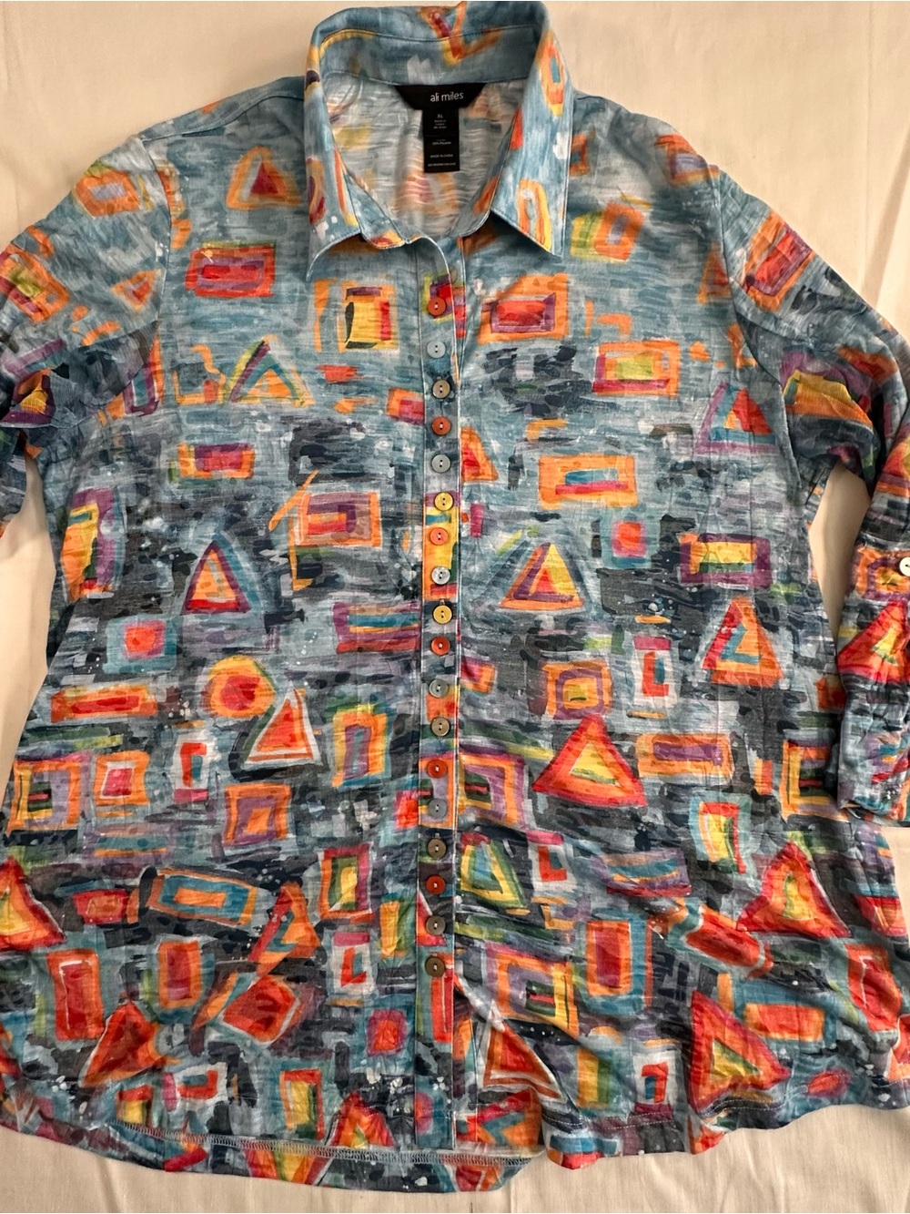 Almiles woman 3/4Sleeve Abstract Pattern Button-Up Shirt Blue/Multi Boho artsy